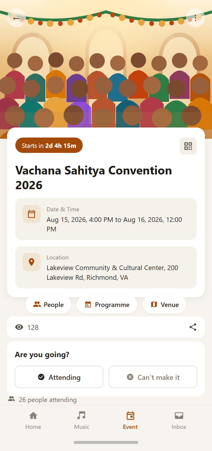 Event detail screen with countdown, date and time, venue, programme, and RSVP buttons