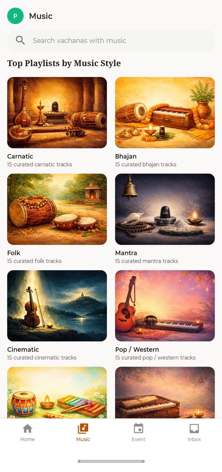 Music screen with curated vachana playlists by style: Carnatic, Bhajan, Folk, Mantra, Cinematic, and Pop/Western